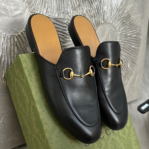 Gucci Shoes - Gucci Black and Gold Horsebit Mules